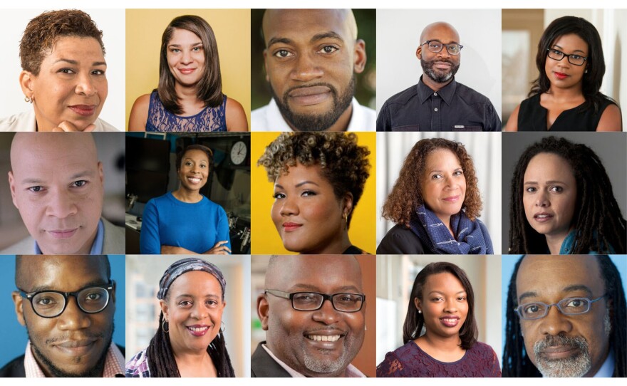 From left: Michel Martin, Noel King, Sam Sanders, Rodney Carmichael, Juana Summers, Dwane Brown, Audie Cornish, Tonya Mosley, Karen Grigsby Bates, Korva Coleman, Gene Demby, Cheryl Corley, Eric Deggans, Ayesha Rascoe and Walter Ray Watson