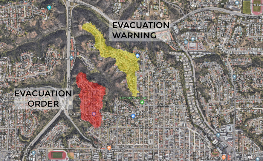 Map of the evacuation areas and warning for the brush fire in the Talmadge area on Oct. 15, 2019.