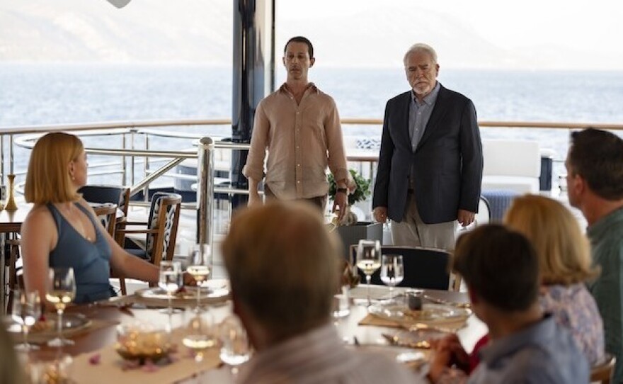 Jeremy Strong as Kendall Roy and Brian Cox as Logan Roy in the season finale of <em></em>HBO's <em>Succession</em>.