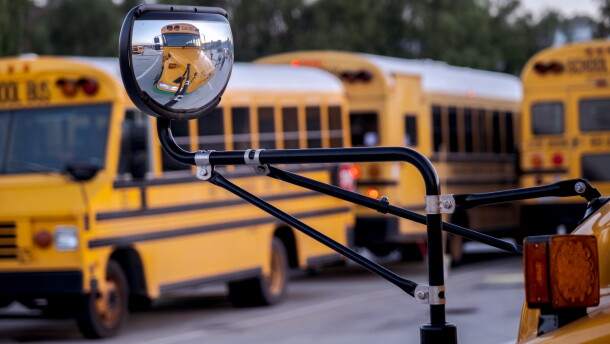An electric-powered school bus rumbles to life at Chula Vista Elementary School District on Oct. 12, 2021.