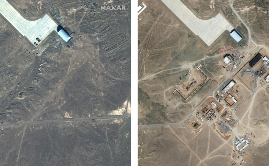 Satellite images from February of 2020 (left) and June 28, 2021 (right) show the new construction.