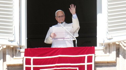 Pope Leo XIV delivers the Angelus prayer in St. Peter's Square at the Vatican, Sunday, Oct. 11, 2026.
