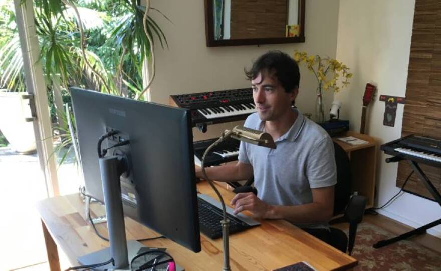 Composer Mason Bates in his home music studio in Burlingame in this undated photo.