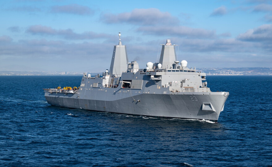 Amphibious transport dock ship USS Anchorage (LPD 23) steams in the Pacific Ocean, July 23, 2025.