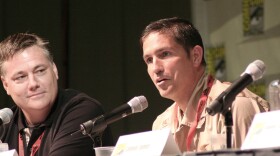 Jim Caviezel (right), the actor playing Number 6 in "The Prisoner," speaks at Comic-Con on July 24, 2009. Producer and director Robert Meyer Burnett (left) moderated the panel.
