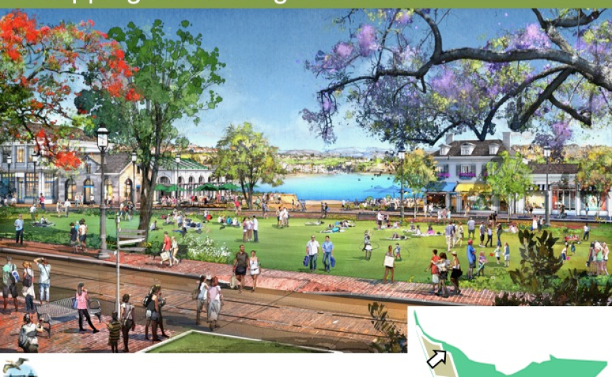 A rendering of the shopping and dining promenade at the proposed development on the shore of the Agua Hedionda Lagoon in Carlsbad.