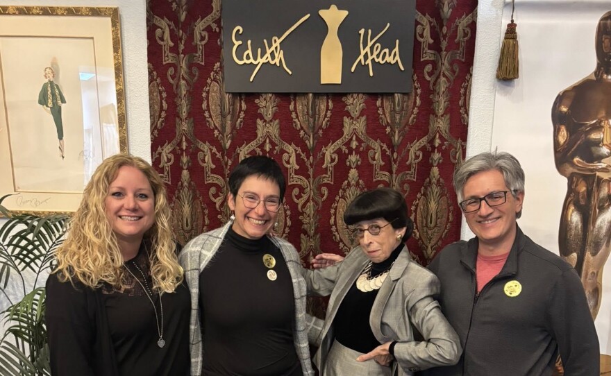 Actress Susan Claassen as Edith Head (second from right) with members of the San Diego Italian Film Festival, Valentina Cartareggia, Clarissa Clò and Antonio Iannotta at Moxie Theatre for a panel about women artists before the play, "A Conversation with Edith Head." Feb. 21, 2026