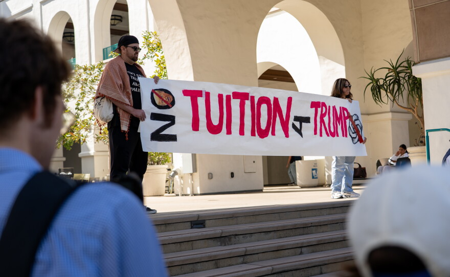 The signs reflected wide-reaching concerns with artificial intelligence at the protest at the SDSU union on Oct. 20, 2026.