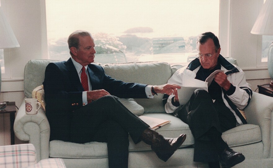 Secretary of State James Baker meets with President Bush in Kennebunkport, Maine, Aug. 11, 1992