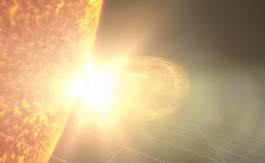 Our Sun may appear quiet to us, but it can erupt gigantic storms in the form of brilliant flares (seen here) and powerful coronal mass ejections (CMEs for short), which can hit us like a cosmic tsunami, overloading the power grid and damaging delicate satellites in orbit above the Earth.