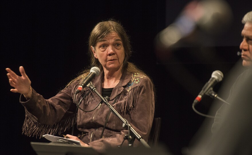 'Patty Limerick, a professor of environmental studies and history and serves as the new Colorado State Historian, makes a statement at the live performance of Michel Martin's Going There at Colorado State University Tuesday May 24, 2016. The show was titled, " The Future of Water."'