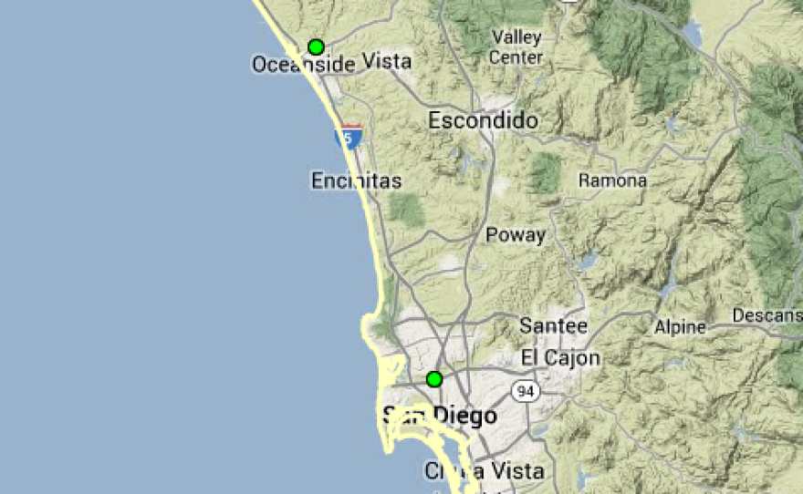 This National Weather Service map shows shows the locations of the Santa Margarita River, San Luis Rey River and San Diego River. The green dots represent the river levels are normal. 