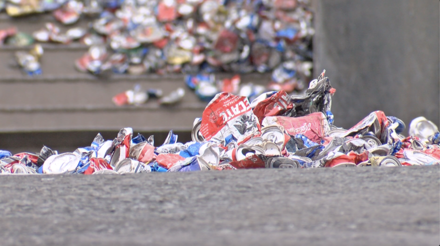 Crushed aluminum cans at a recycler in this photo taken June 12, 2024.