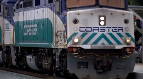 A Coaster train arrives at the Poinsettia station in Carlsbad, Aug. 19, 2019.