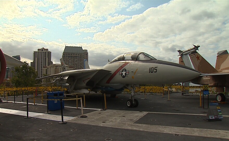 A jet aboard the USS Midway is pictured, April 23, 2015. 