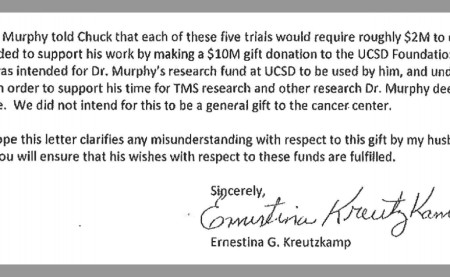 An excerpt of a letter written by Dr. Kevin Murphy and signed by Ernestina Kreutzkamp. It was sent to UC San Diego administrators in June 2016.