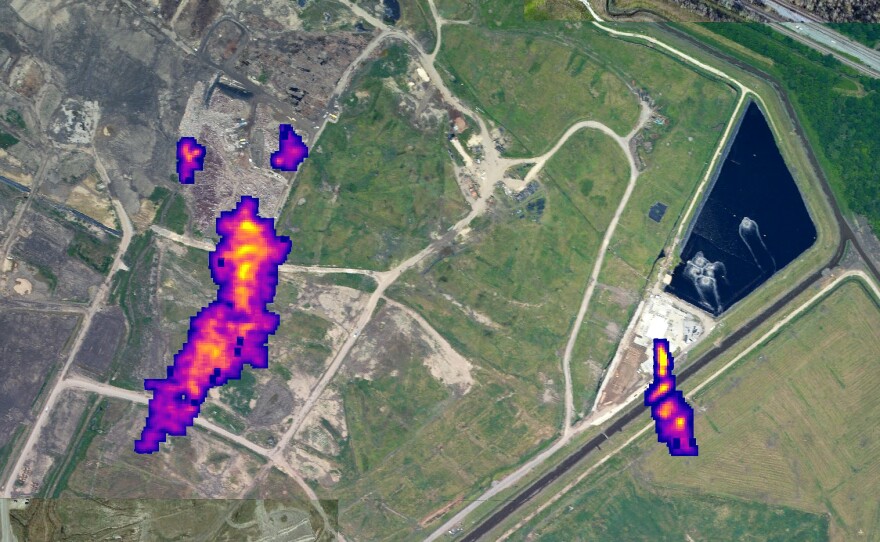 Remote sensing of methane from high-altitude aircraft in April reveals plumes of the gas at the River Birch Landfill outside New Orleans coming from the facility's active portion (left), where new waste is added each day, and from a vent (right). Researchers calculate the rate of methane venting at about 2,000 kilograms per hour, which would be 48 metric tons per day.