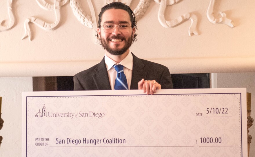 As USD President For A Day, Miguel Hornedo was awarded $1,000 to be donated in his name to the San Diego Hunger Coalition, San Diego, CA, May 10, 2022