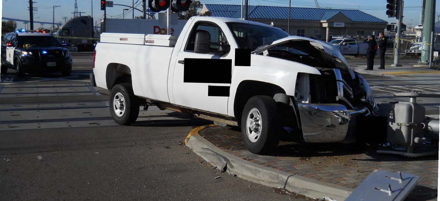A white pickup truck stolen by Jessica Turner after it was shot at by San Diego police officers and crashed, Jan. 12, 2018.