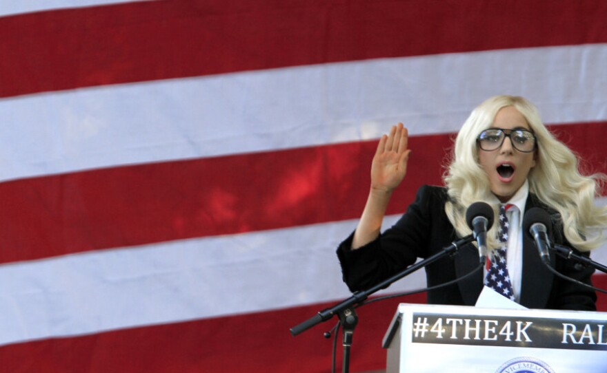 Pop singer Lady Gaga at a Portland, Maine, rally on Monday. She supports repeal of the "don't ask, don't tell" law.
