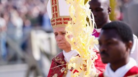 Pope Leo XIV presides over Palm Sunday Mass in St. Peter's Square at the Vatican, Sunday, March 29, 2026.