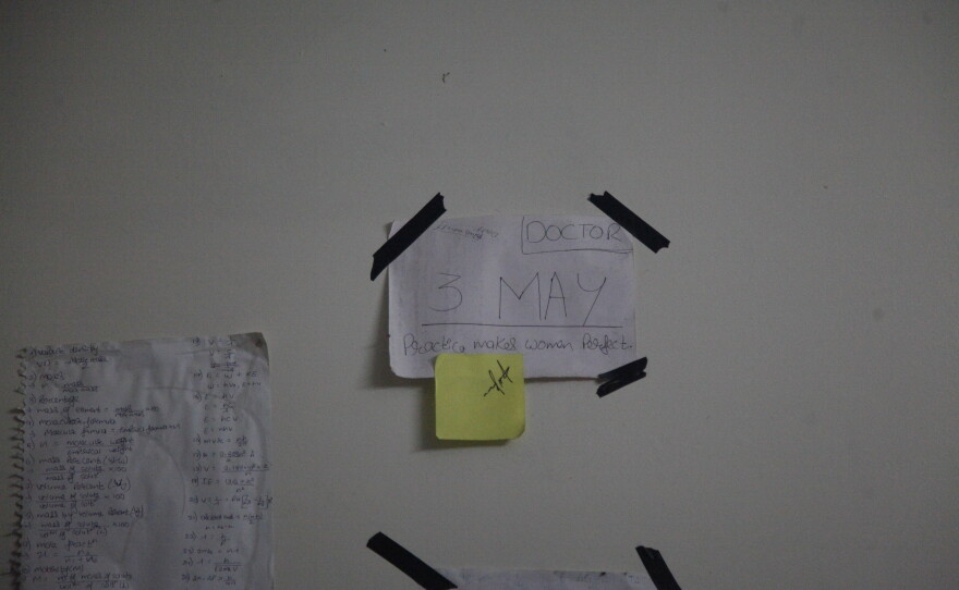 Notes on the wall of 18-year-old student Akanksha Chaturvedi, relating to her high-pressure medical exams.