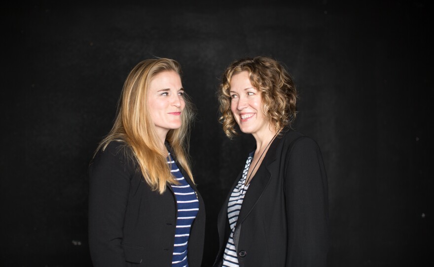 A photo of Samantha Ginn (left) and Shana Wride appearing in Diversionary's 2017 staging of Lisa Kron plays.