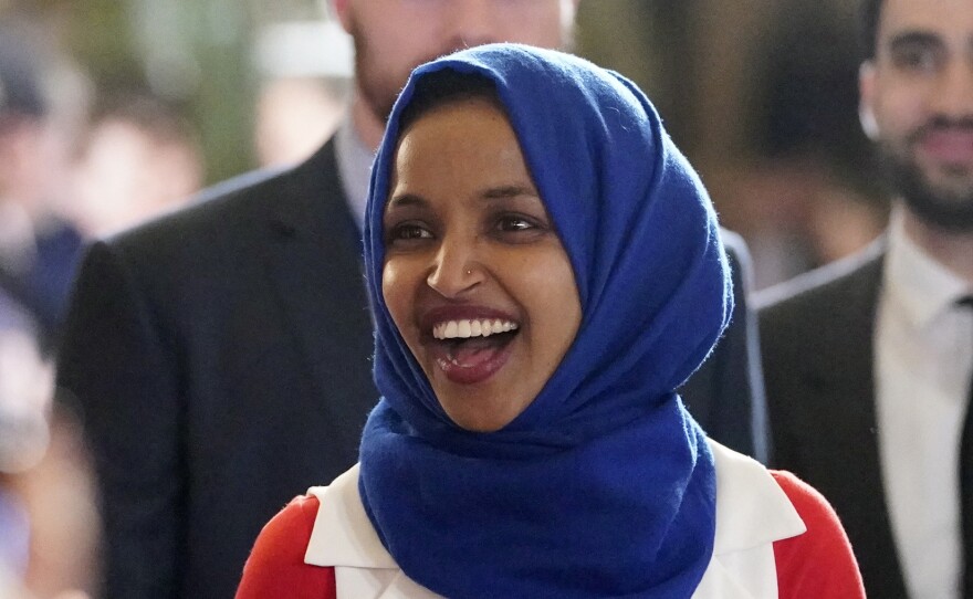 Rep. Ilhan Omar, D-Minn., became the focus of a heated argument at the West Virginia statehouse on Friday, after an anti-Muslim display in the rotunda juxtaposed her photo with the Sept. 11 terror attacks.