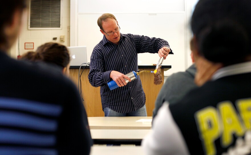 Matthew Hartings, a chemistry professor at American University, uses a blowtorch to demonstrate the Maillard reaction to his students. As the outside browns up, and the temperature heats up, lots of aroma and flavor compounds are created.