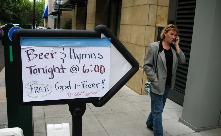 In downtown Portland, Ore., the First Christian Church opens its parish hall for an event called Beer & Hymns one Saturday night a month.