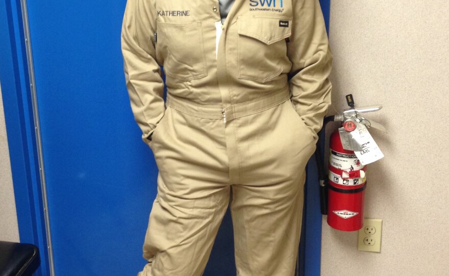 Plas poses in her FRCs (flame retardant clothing) last year during an internship at Southwestern Energy in Arkansas.