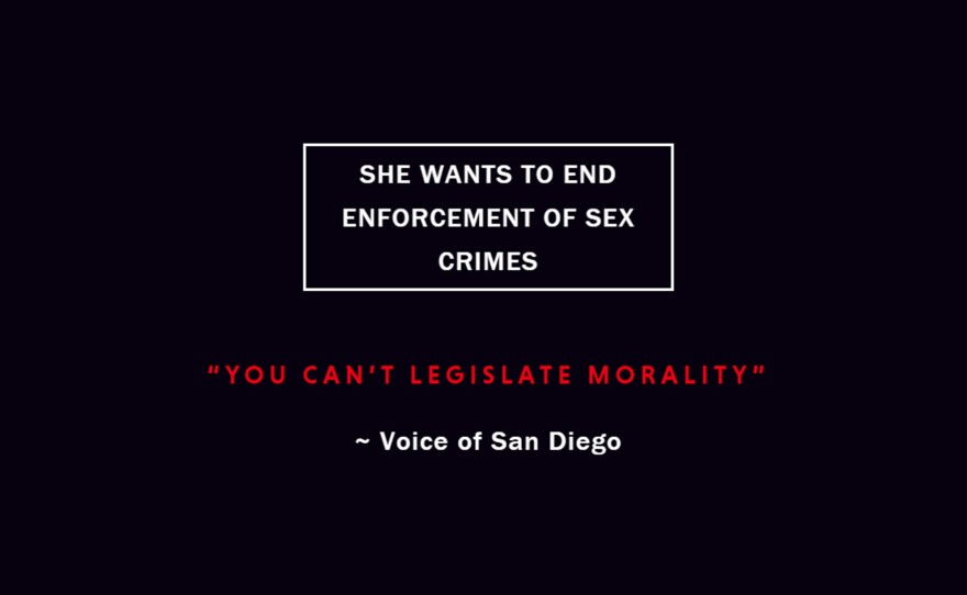 A screenshot of ThreattoSanDiego.com is displayed, May 14, 2018. The website claims San Diego County District Attorney candidate Geneviéve Jones-Wright would not enforce sex crimes if elected.