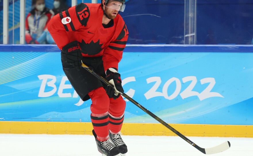 Eric Staal, 37, of Team Canada is one of the Olympic athletes over the age of 35. Staal stick handles the puck during a game against the United States at the Beijing 2022 Winter Olympic Games.