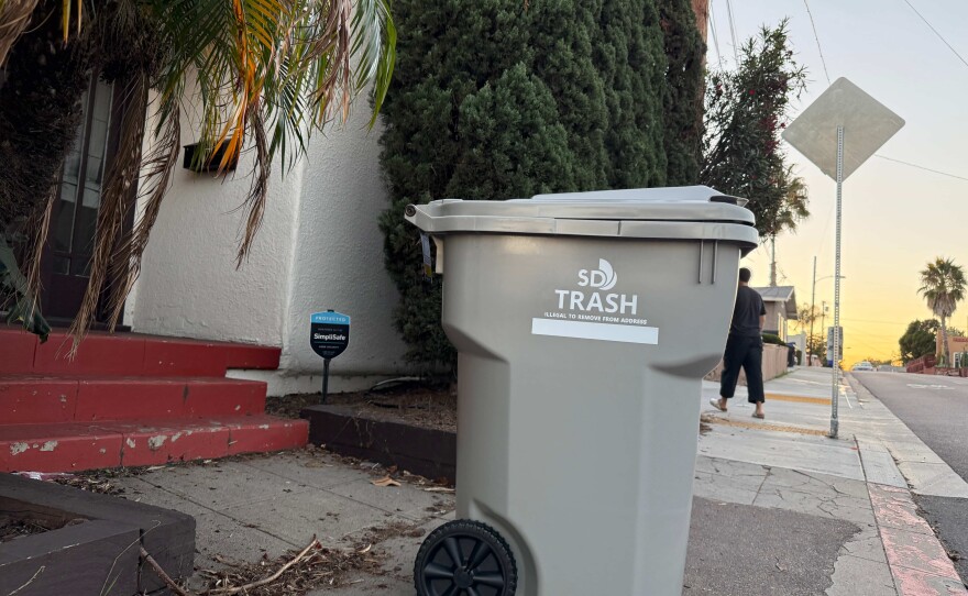 A city of San Diego trash bin sits on the curb in North Park on Oct. 30, 2025.