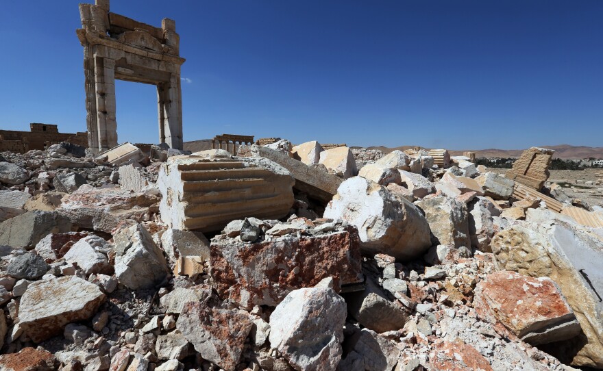 The remains of Temple of Bel's "Cella," which was blown up by the Islamic State last year, as seen Thursday in the ancient Syrian city of Palmyra. The main building of the ancient temple was destroyed by ISIS as well as a row of columns in its immediate vicinity.