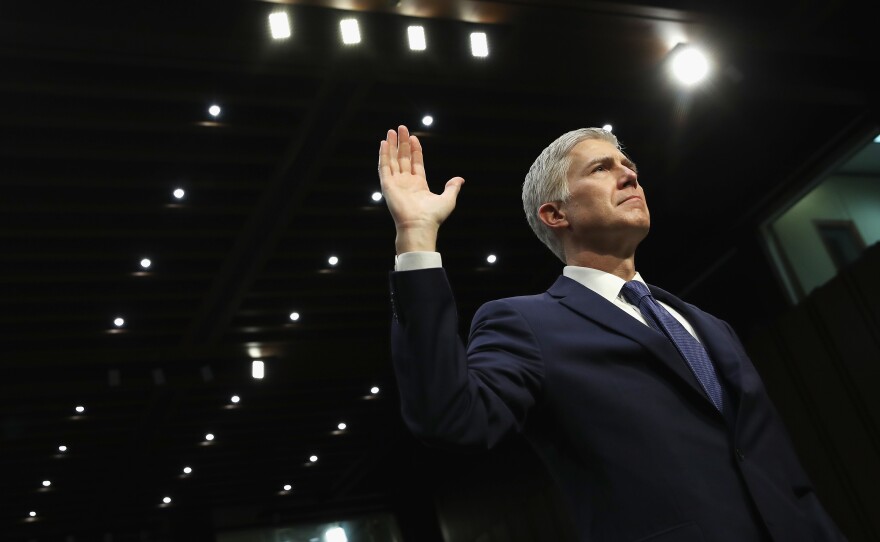 Judge Neil Gorsuch is sworn in on the first day of his Supreme Court confirmation hearing before the Senate Judiciary Committee on Capitol Hill on March 20, 2017.
