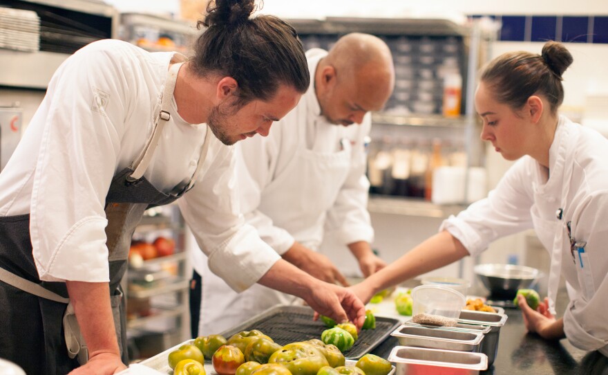 Chef Jamie Simpson and his team in the Culinary Vegetable Institute kitchen.