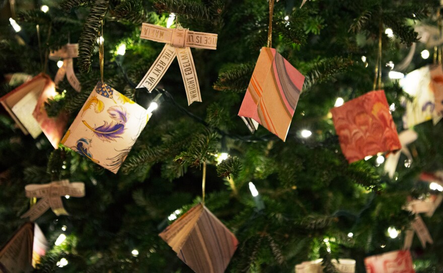 A detail of handmade book ornaments in the White House library.