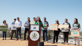 Environmental advocates and elected officials, including San Diego County Supervisor Paloma Aguirre (center), say that a trade deal with Mexico must include solutions to the Tijuana River sewage crisis at a press conference in Otay Mesa West on July 16, 2026. 