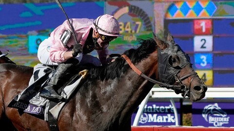 Sierra Leone, front, ridden by Flavien Prat wins the Breeders' Cup Classic horse race in Del Mar, Calif., Saturday, Nov. 2, 2024.