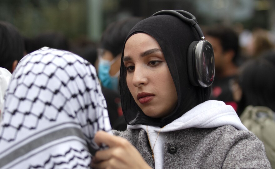 People at a protest for Gaza at UCSD in San Diego, Calif. March 6, 2024.