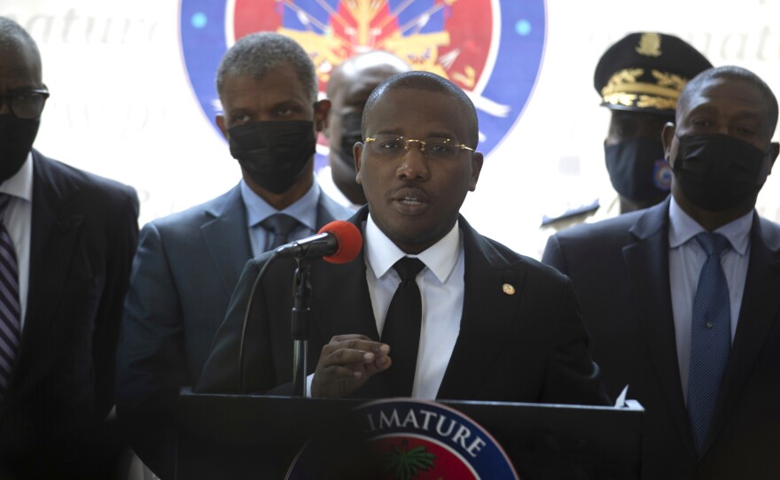 Haiti's interim Prime Minister Claude Joseph gives a press conference in Port-au-Prince on Friday, the week after the assassination of Haitian President Jovenel Moïse's on July 7.