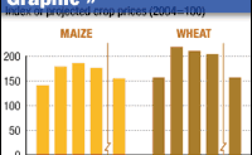 An index of global food prices jumped 83 percent in the 3 years ended in February, while wheat prices nearly tripled. Enlarge to see price projections for key food crops.
