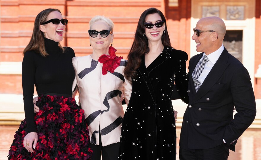 Emily Blunt, from left, Meryl Streep, Anne Hathaway and Stanley Tucci pose for photographers at the photo call for the film "The Devil Wears Prada 2" in London, Friday, April 24, 2026.