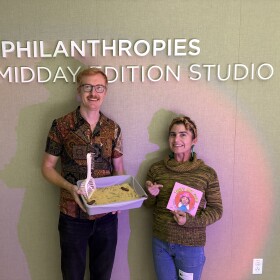 The photo shows San Diego author Mara Altman and her book "What's Not Food!" pictured alongside KPBS' Andrew Bowen on October 15, 2025.