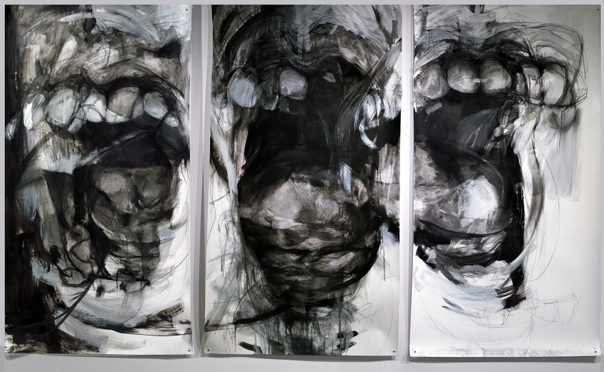 Artist Lisa Bryson's "Inaudible" is a 2017 mixed-media on paper triptych, on view at Oceanside Museum of Art through March 16, 2025.