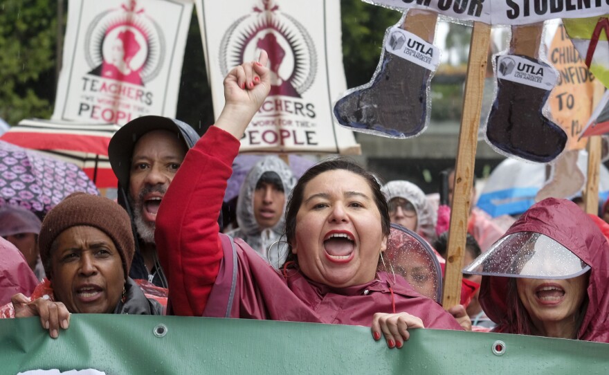 Teachers and supporters rally on Monday, Jan. 14, the first day of the teachers strike in Los Angeles. The school district and the union have come to a deal after almost two years of negotiations.