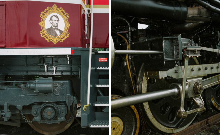 A detail of Union Pacific Locomotive No. 1616, a commemorative train car honoring President Abraham Lincoln, is seen connected to Union Pacific's Big Boy No. 4014.