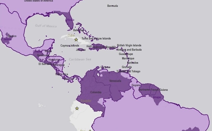 The Western Hemisphere recorded more than a million cases of chikungunya in 2014. The virus became endemic (dark purple) in the Caribbean, Florida and parts of Central and South America.