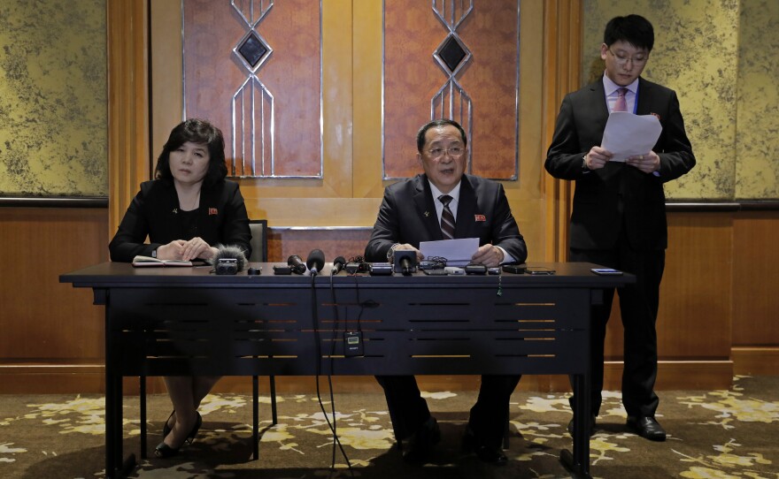 North Korean Foreign Minister Ri Yong Ho (center) addressed why talks between President Trump and North Korean leader Kim Jong Un ended with no deal, at a news conference in Hanoi, Vietnam, on Thursday.